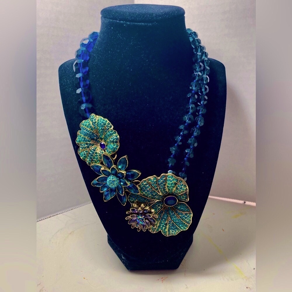 Heidi Daus Blue and Gold Waterlily Statement Necklace